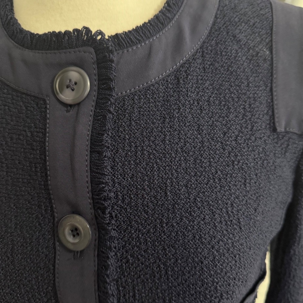St. John Dress Suit Set SZ 6 WOOL Navy Micro Boucle Knit Fringe Jacket Sheath - Picture 8 of 16